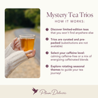 Assorted herbal teas in a Mystery Tea Trio package by Plum Deluxe Tea, featuring colorful tea leaves and packaging.