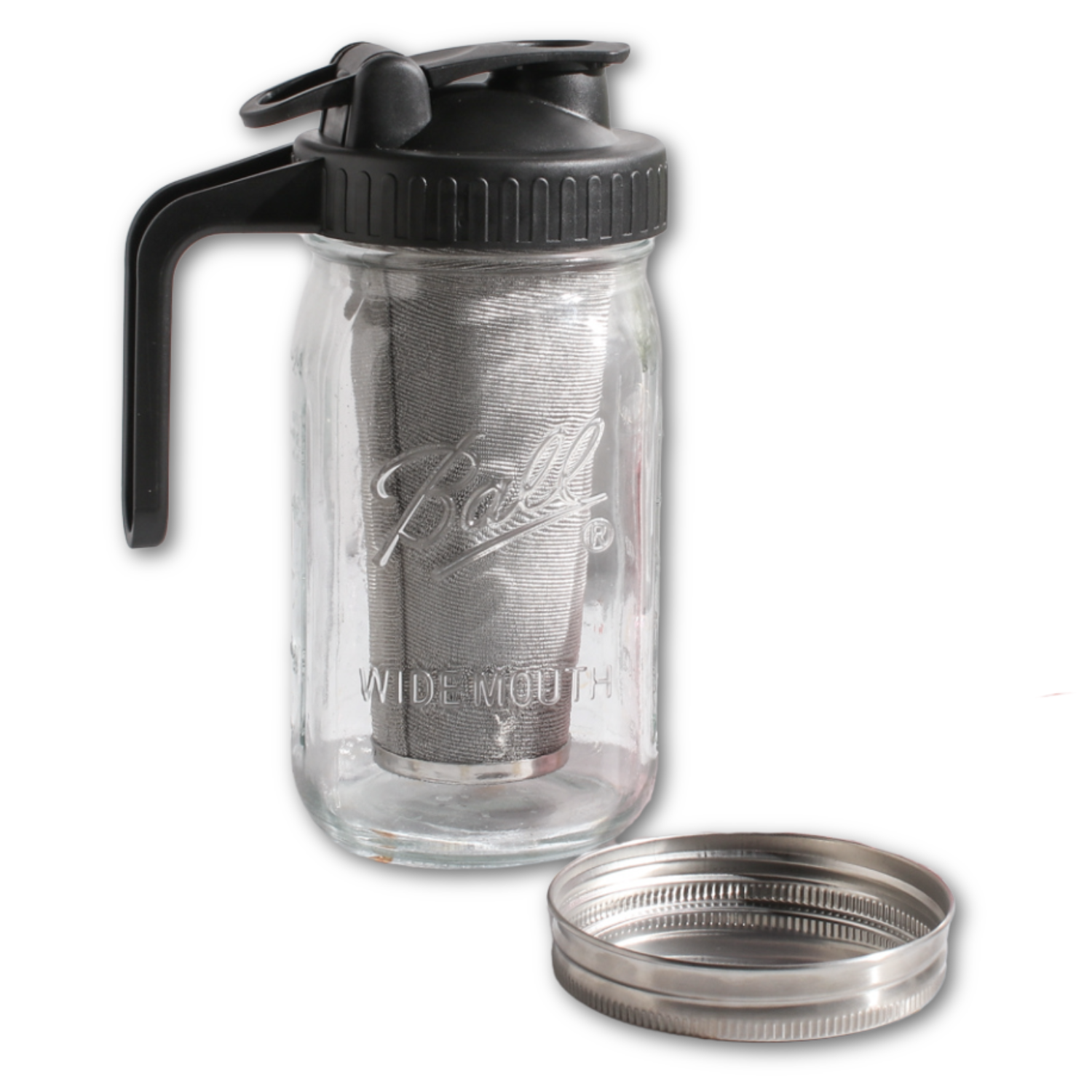 Maison Brew Cold Brew Iced Tea Mason Jar by Plum Deluxe Tea, clear glass jar with lid, perfect for cold brewing iced tea at home.