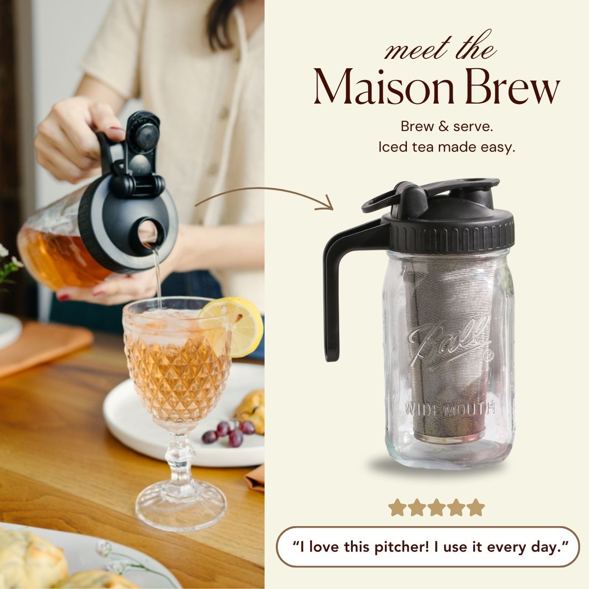 Maison Brew Cold Brew Iced Tea Mason Jar by Plum Deluxe Tea, clear glass jar with a metal lid and handle for cold brewing iced tea.