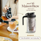 Maison Brew Cold Brew Iced Tea Mason Jar by Plum Deluxe Tea, clear glass jar with a metal lid and handle for cold brewing iced tea.