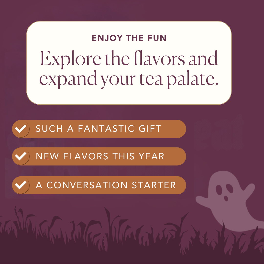 Halloween Trick or Treat Sampler Box featuring 7 exclusive blends by Plum Deluxe Tea with colorful packaging and festive Halloween design.