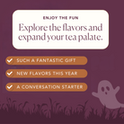 Halloween Trick or Treat Sampler Box featuring 7 exclusive blends by Plum Deluxe Tea with colorful packaging and festive Halloween design.