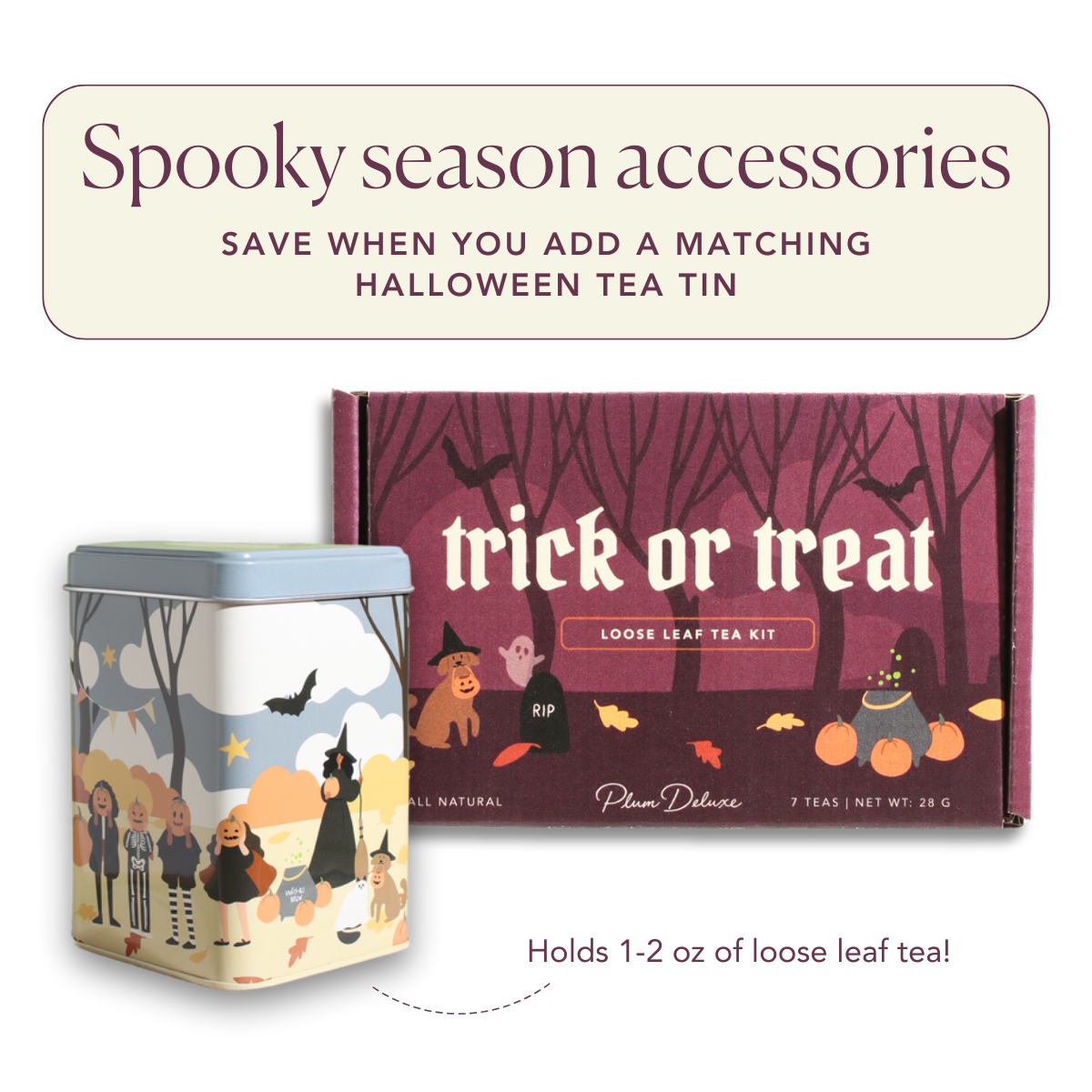 Halloween Trick or Treat Sampler Box by Plum Deluxe Tea featuring 7 exclusive tea blends in a festive packaging.