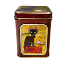 Le Chat Noir tea tin by Plum Deluxe Tea featuring a black cat illustration on a decorative metal container.