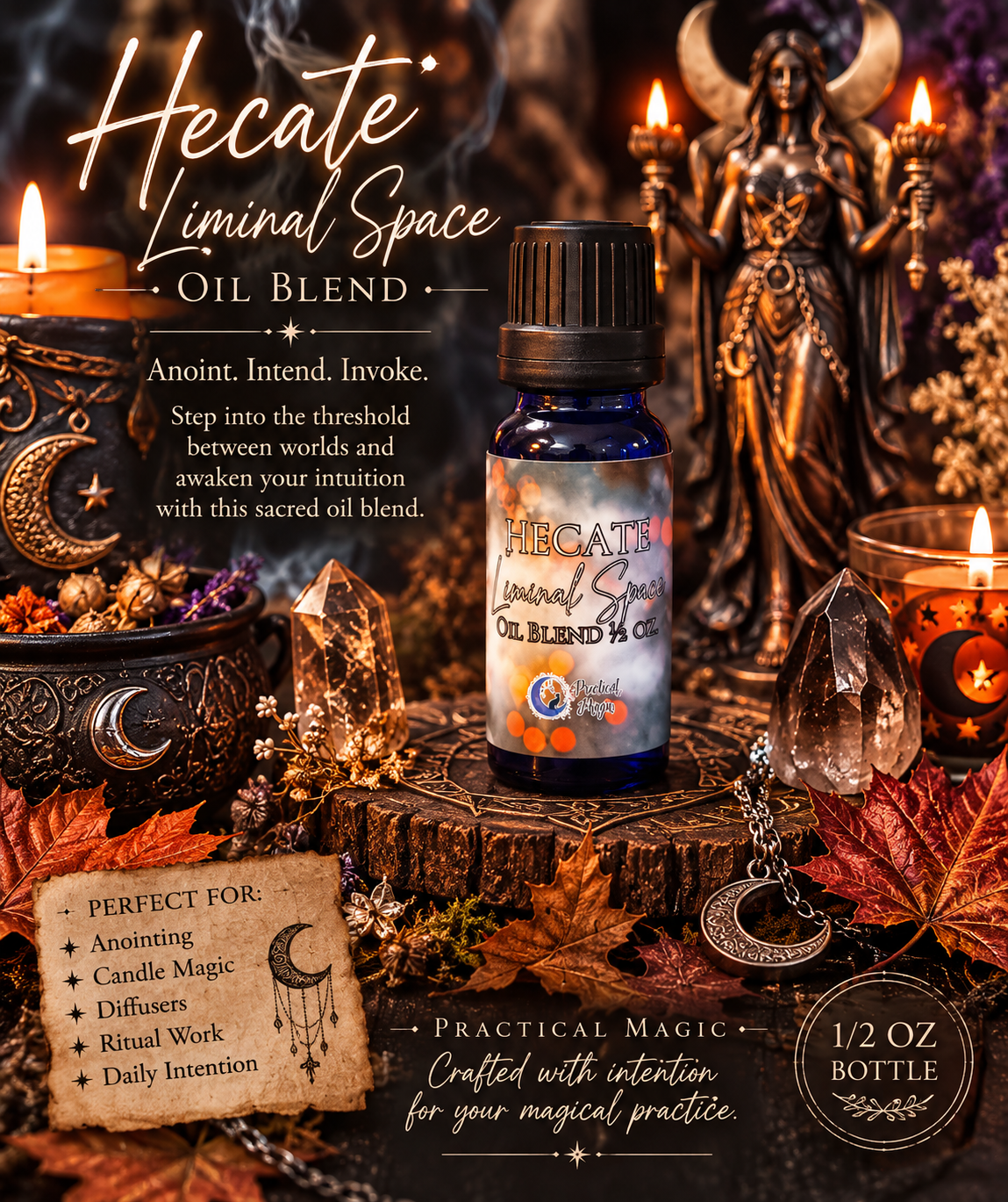 Practical Magic Store Hecate Liminal Space Enchanted Body Oil blend in a dark glass bottle with a black cap and mystical labeling.