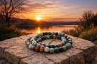 Faceted Moss Agate bracelet with 8mm beads, showcasing natural green and earthy tones, crafted by Practical Magic Store.
