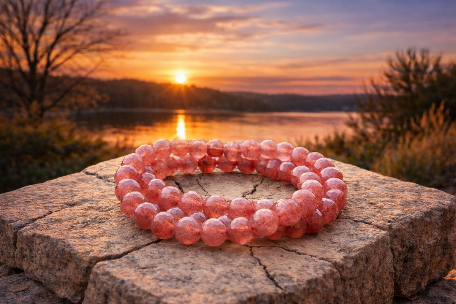 Faceted Strawberry Quartz bracelet with 8mm beads, featuring a natural pink hue, perfect for accessorizing and stacking jewelry.