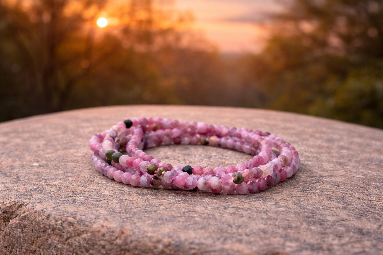 4mm faceted natural pink tourmaline crystal stone energy bracelet with elastic cord, featuring vibrant pink gemstones.