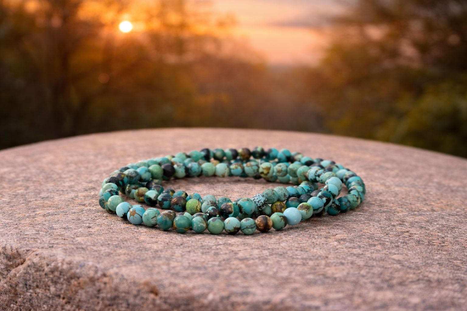 4mm natural turquoise crystal stone energy bracelet featuring round turquoise beads on an elastic band.