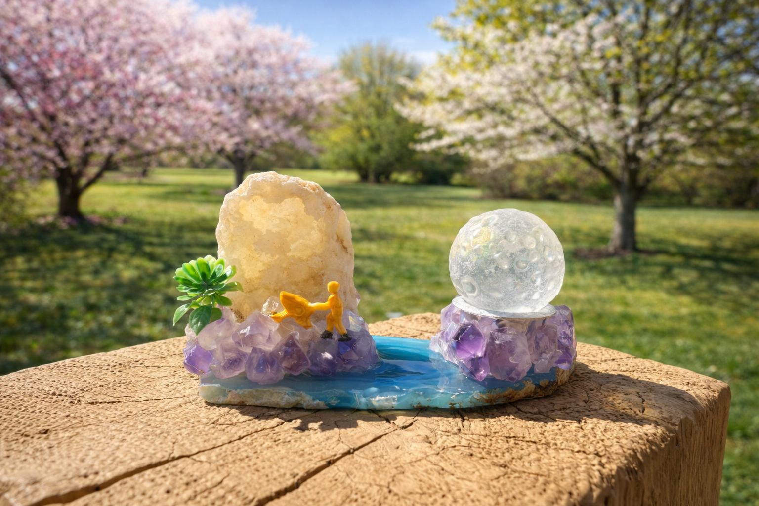 Amethyst and druzy geode freeform sphere holder displaying a natural crystal formation with purple hues and sparkling druzy details.