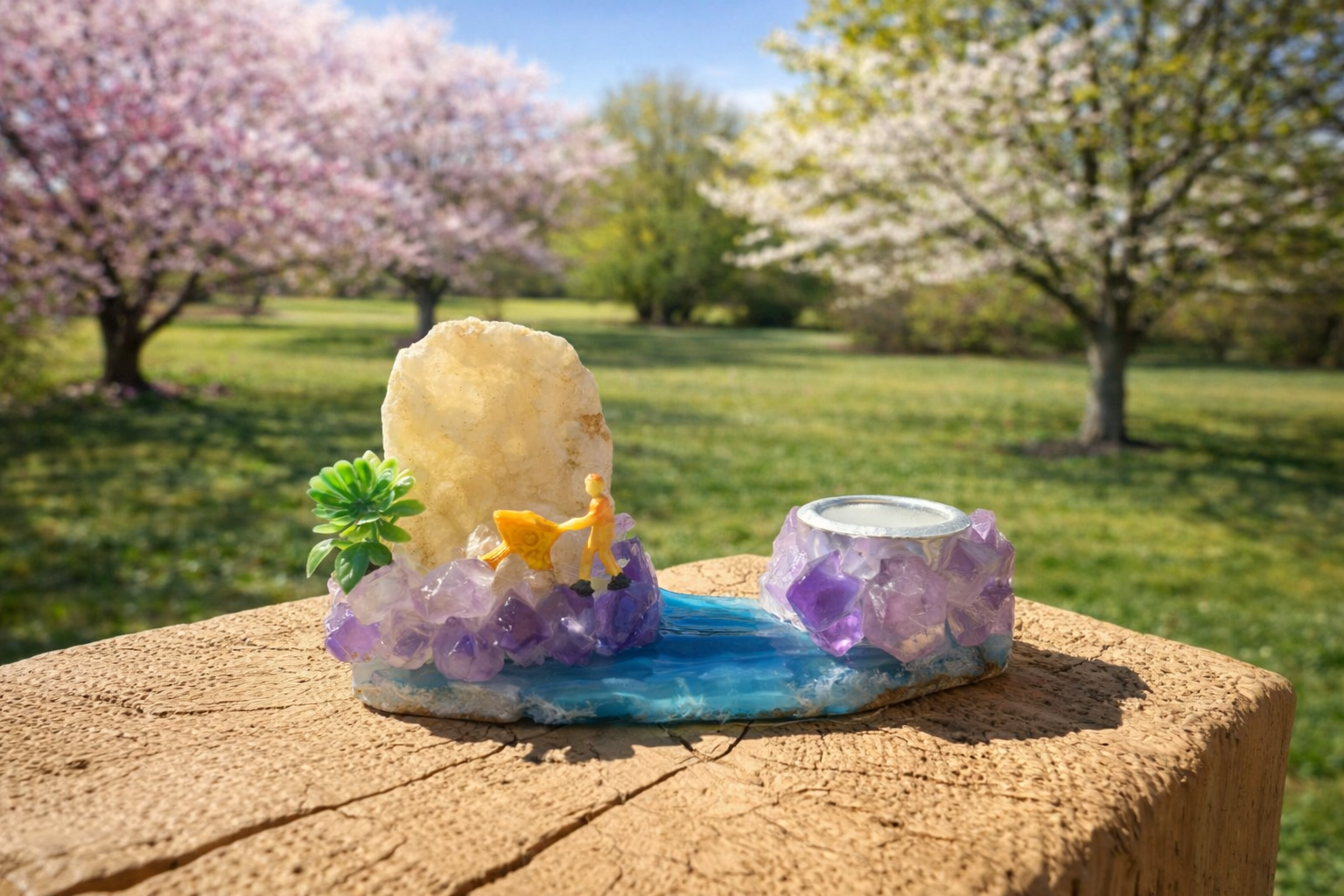 Amethyst and druzy geode freeform sphere holder showcasing a natural purple amethyst with sparkling druzy accents.