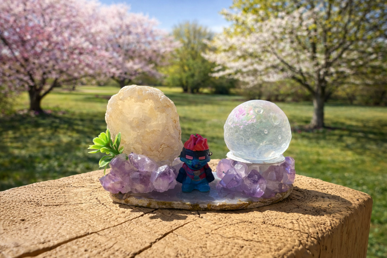 Amethyst and druzy geode freeform sphere holder, showcasing a sparkling purple crystal with natural rough edges.