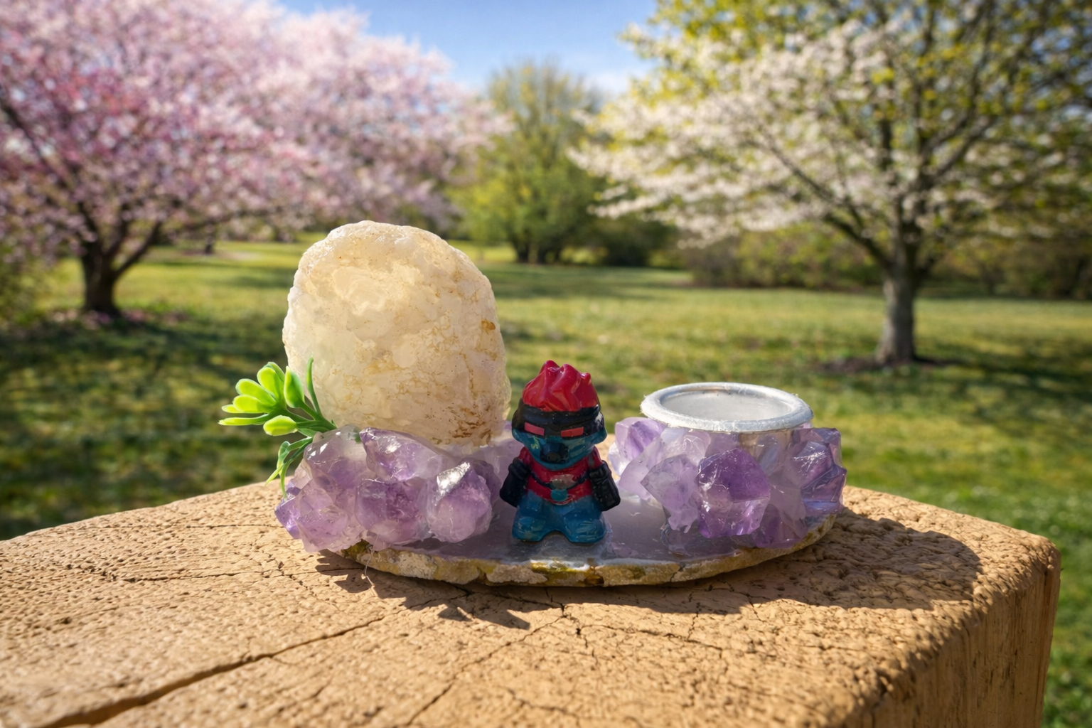 Amethyst and druzy geode freeform sphere holder from Practical Magic Store, showcasing a sparkling crystal display with purple and glittering accents.