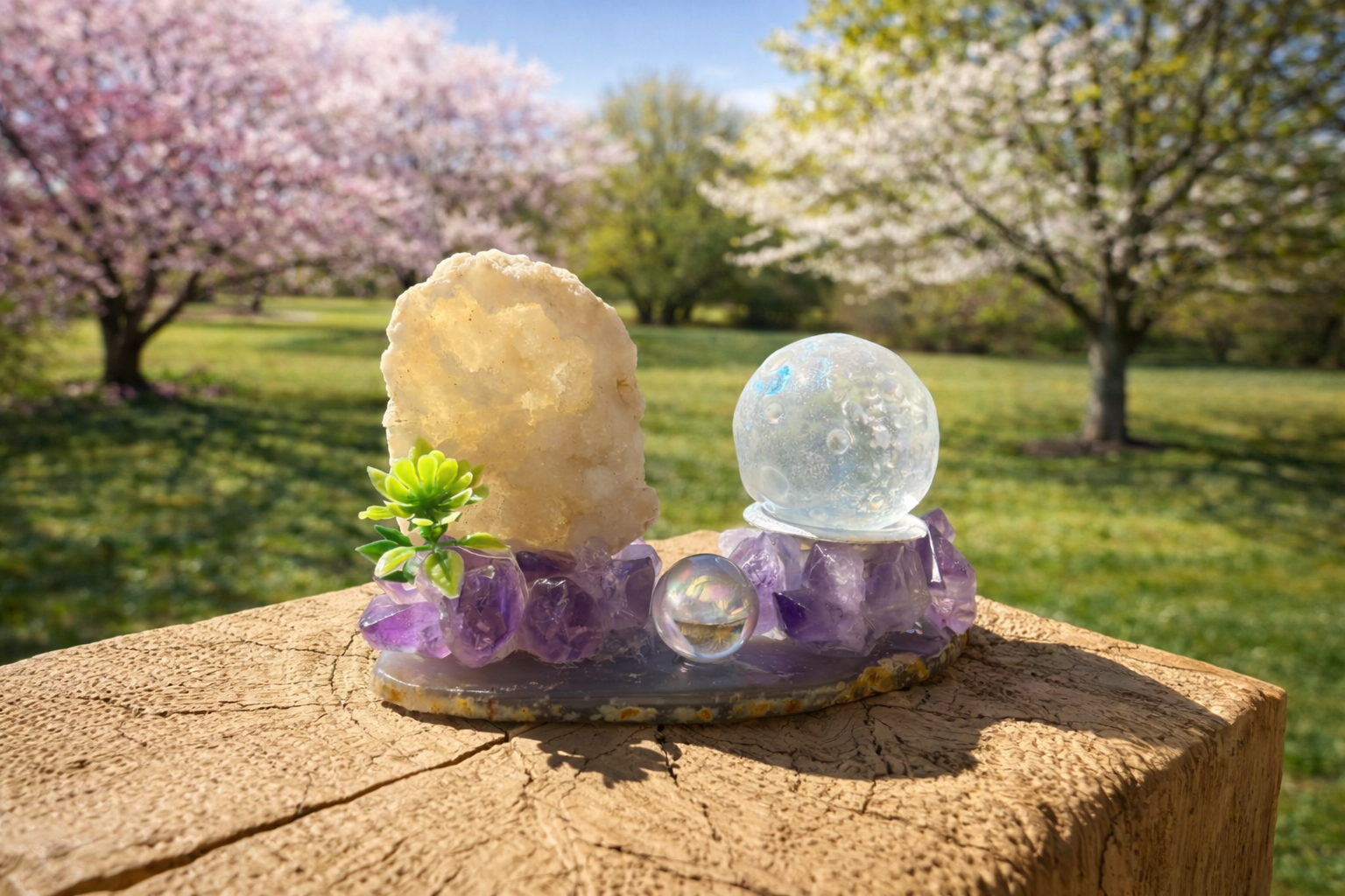 Amethyst and druzy geode freeform sphere holder displaying a sparkling purple mineral specimen on a natural stone base.