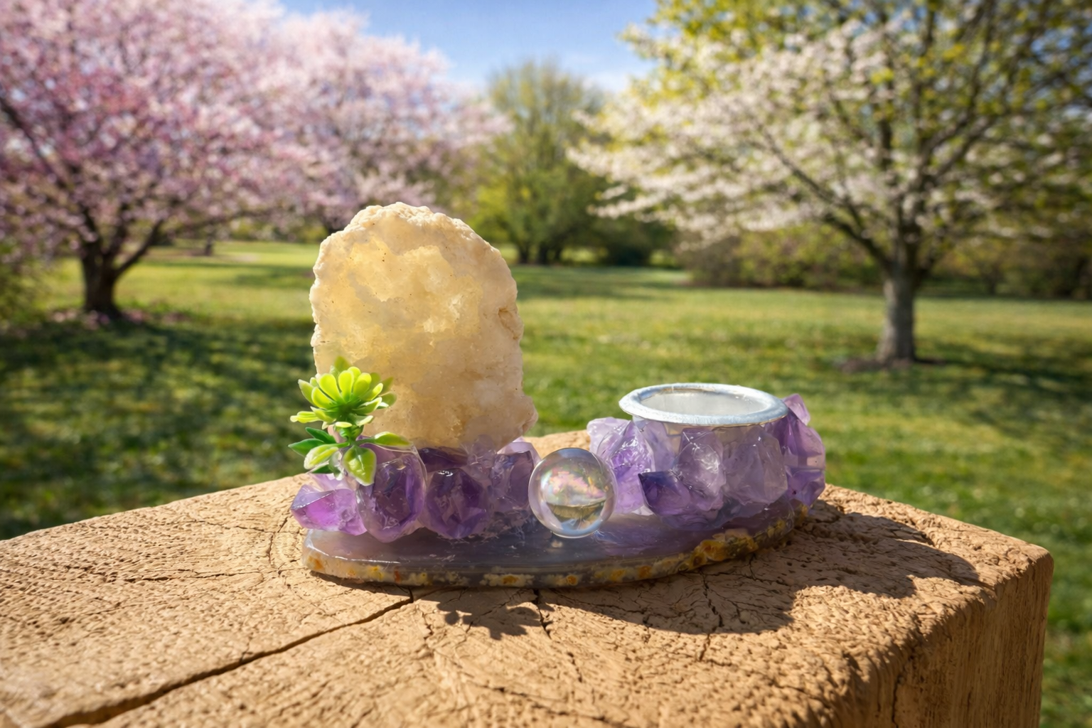 Amethyst and druzy geode freeform sphere holder with natural crystalline textures and purple hues on a neutral surface.