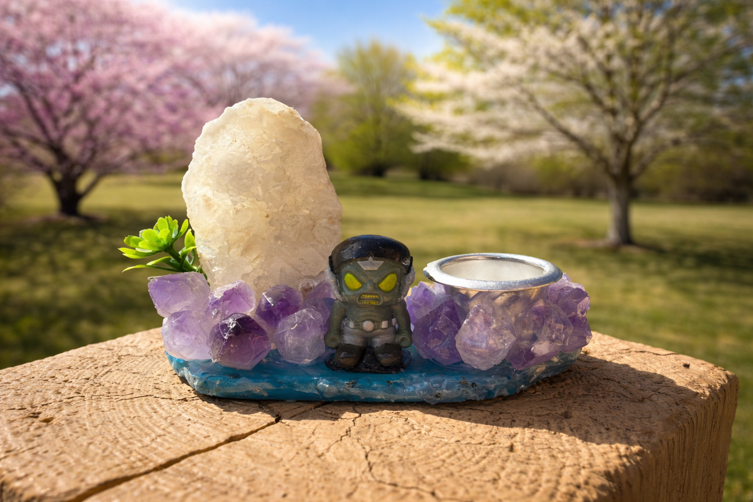 Amethyst and druzy geode freeform sphere holder from Practical Magic Store showing a natural stone display shape.