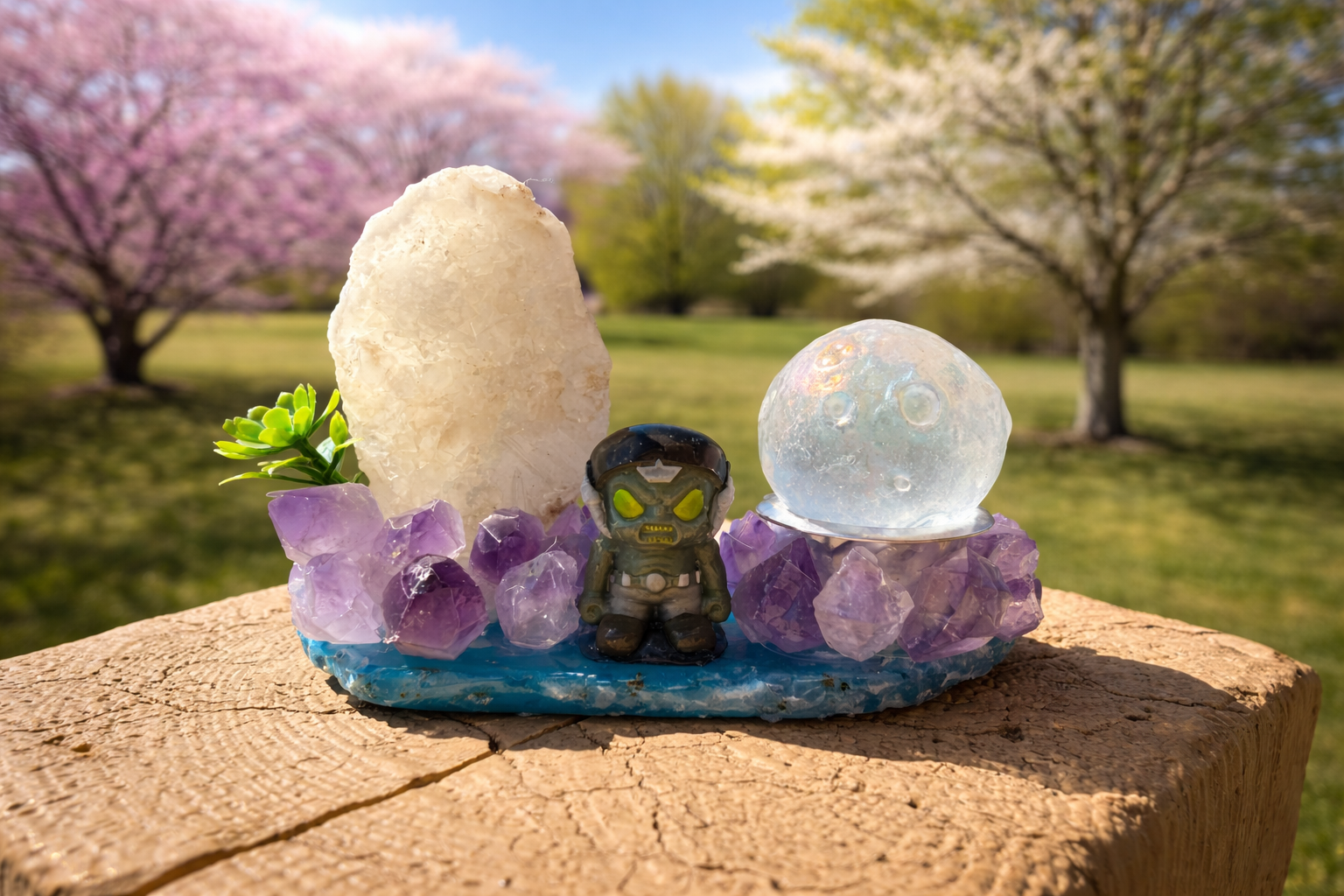 Amethyst and druzy geode freeform sphere holder with crystal formations on a natural stone base.