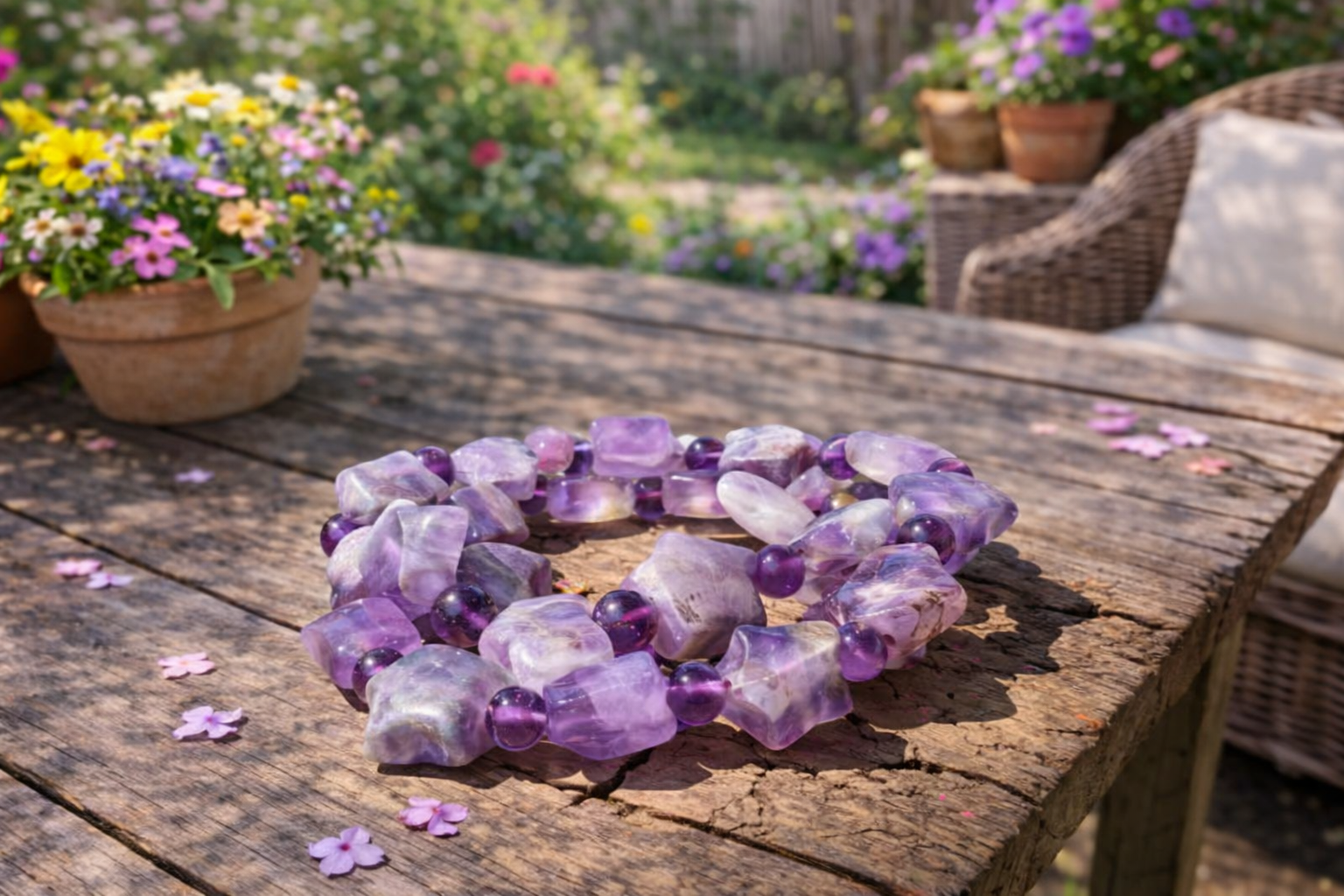Natural amethyst crystal gemstone star bracelet featuring purple stones and silver-tone star charms, stylish jewelry accessory
