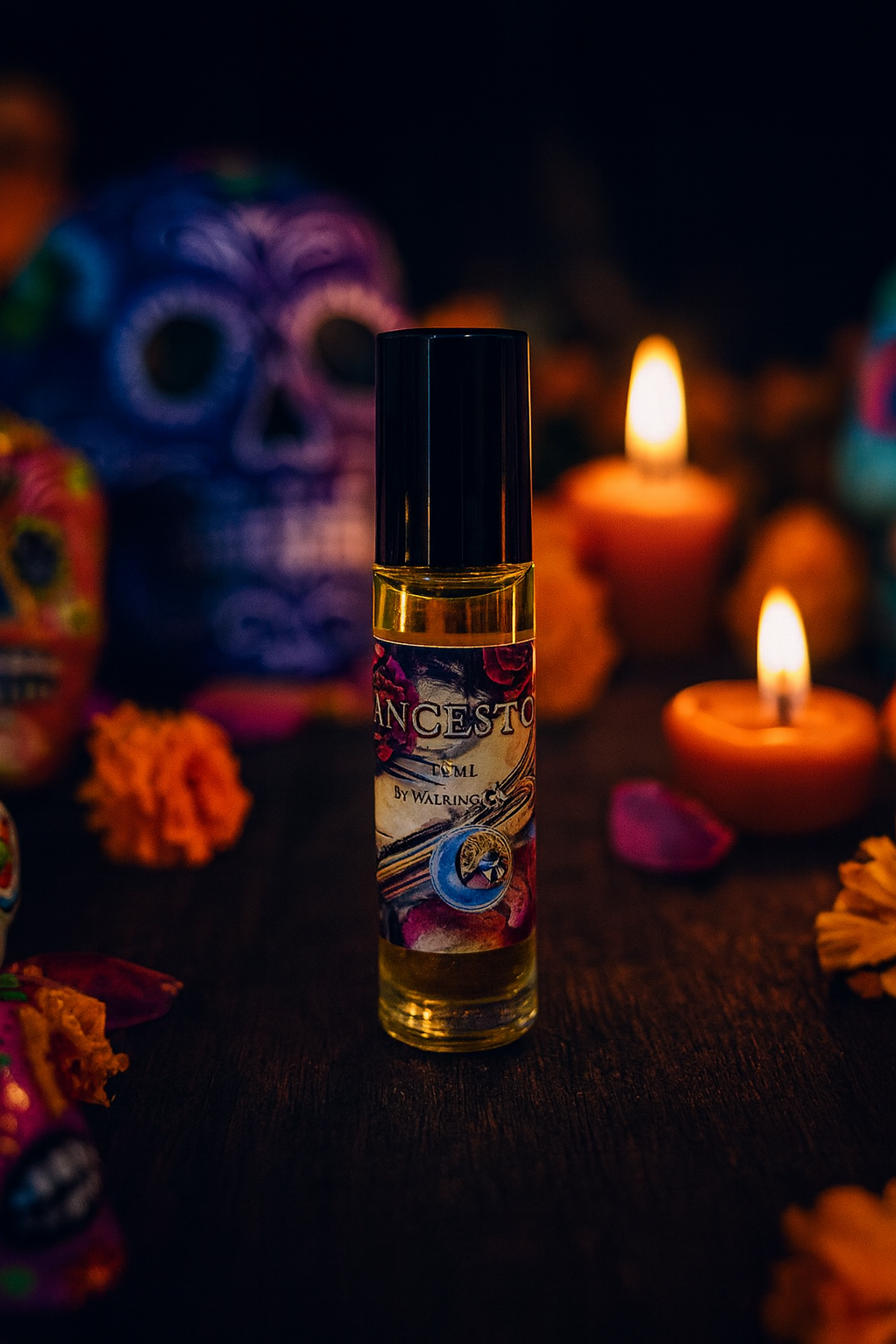 Bottle of Ancestors Perfume from Practical Magic Store with elegant packaging and a dark, mystical design.