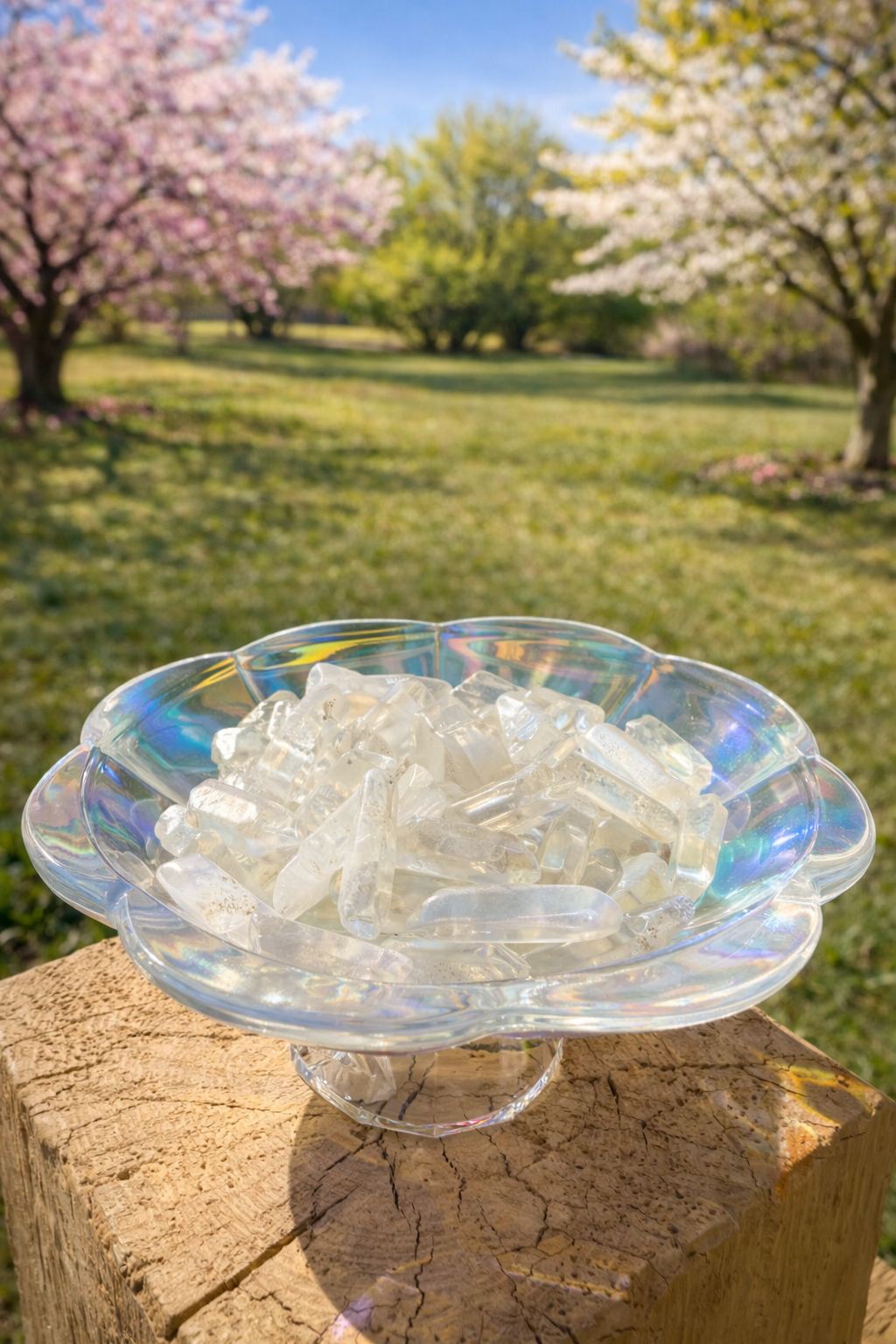 Angel Aura clear quartz points from Practical Magic Store, shiny crystal healing stones with iridescent rainbow hues.