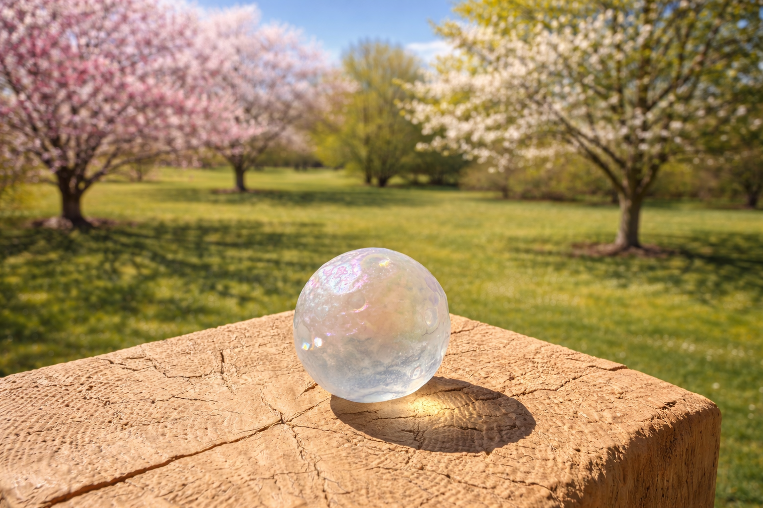 Aura Quartz Moon Sphere from Practical Magic Store, showcasing a luminous, iridescent crystal ball with a moon shape for decorative or healing use.