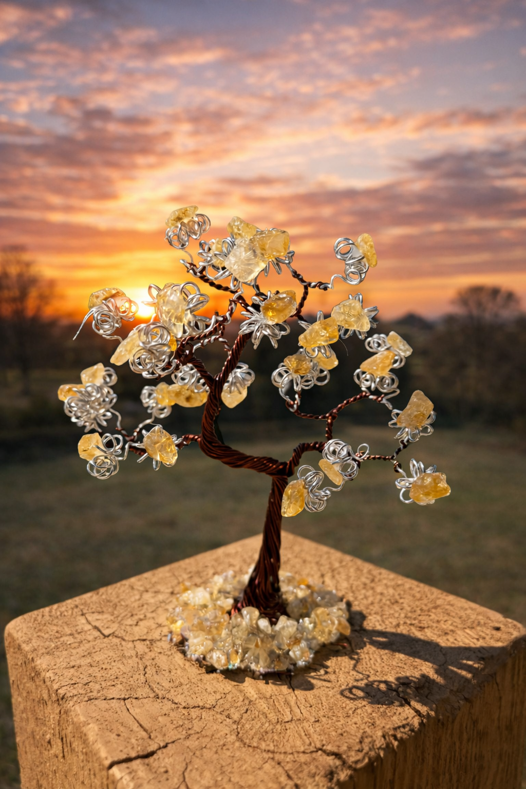 Citrine gemstone prosperity money tree with green wire branches and natural stones, symbolizing abundance and good luck.