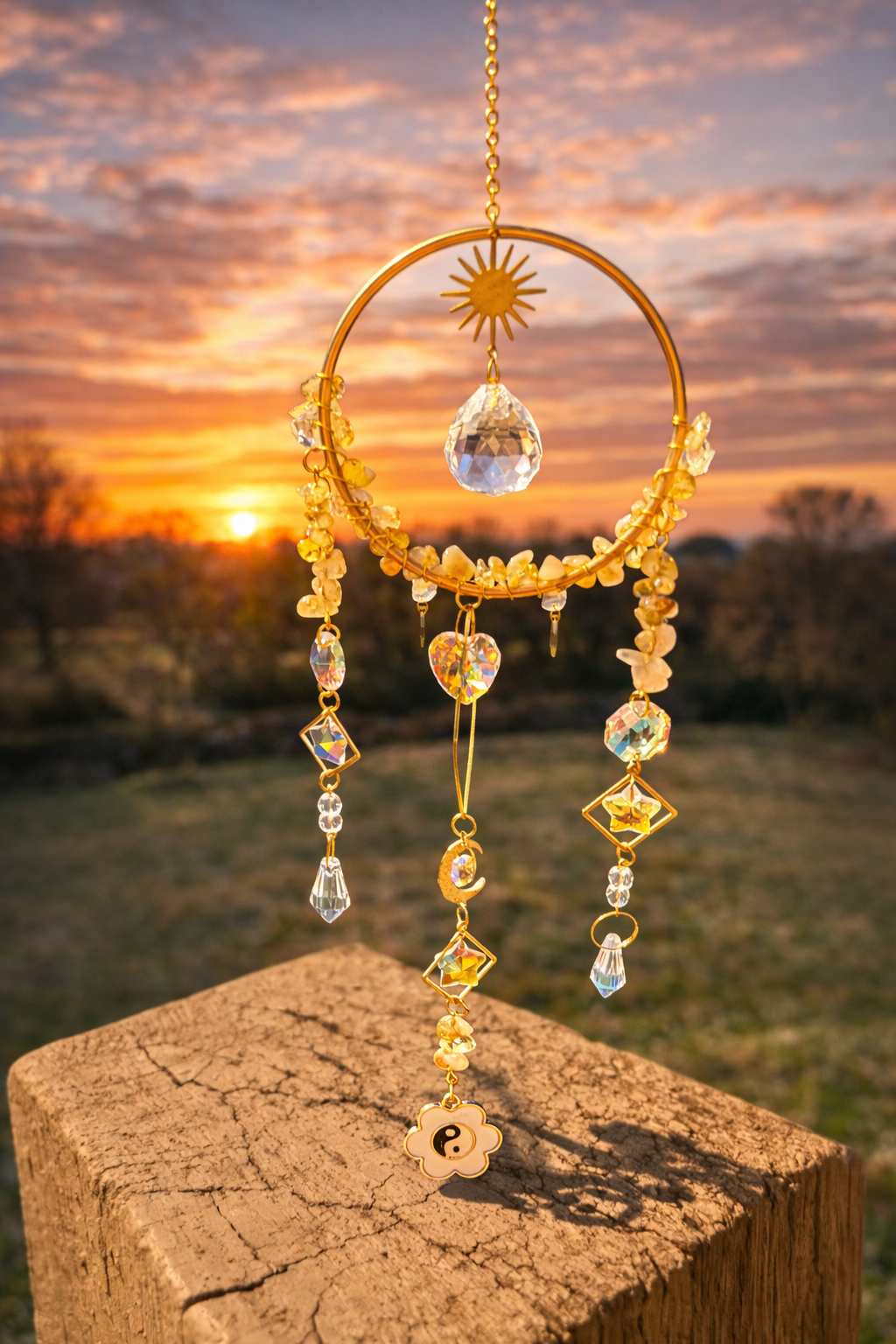 Citrine gemstone prosperity suncatcher with colorful glass beads and metal accents hanging from a decorative frame.