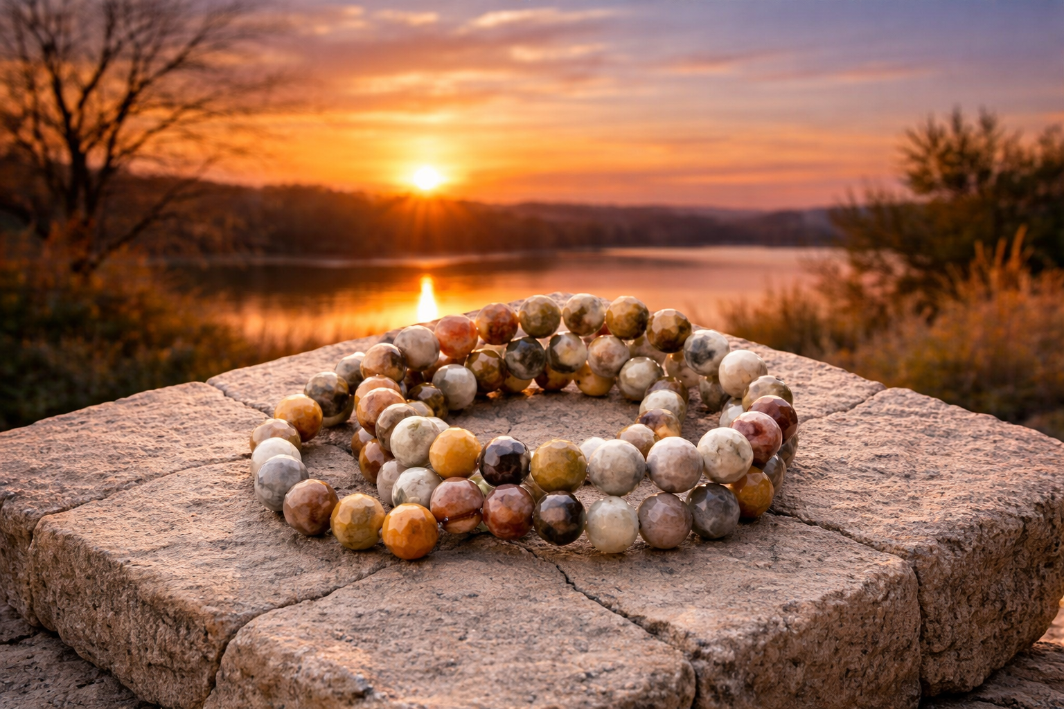 Faceted Crazy Lace Agate bracelet with 8mm beads, handmade jewelry from Practical Magic Store featuring vibrant, polished stone strands.