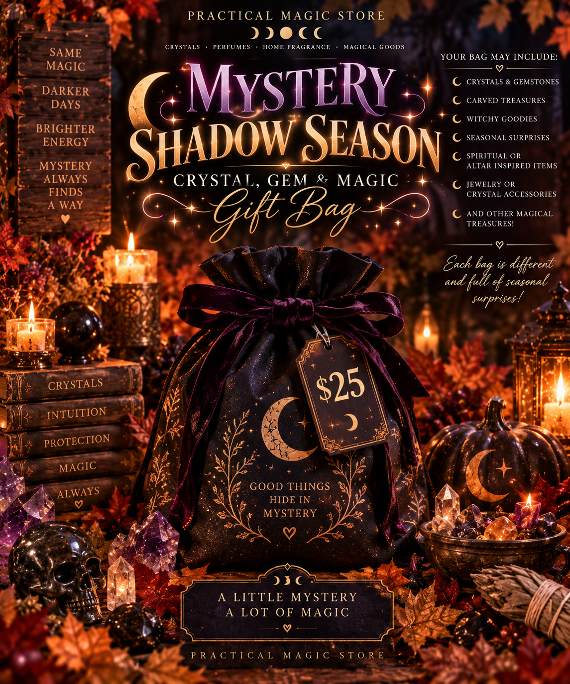Crystal Mystery Bag from Practical Magic Store with 25 assorted crystals, gemstones, and witchy gifts on a neutral background.