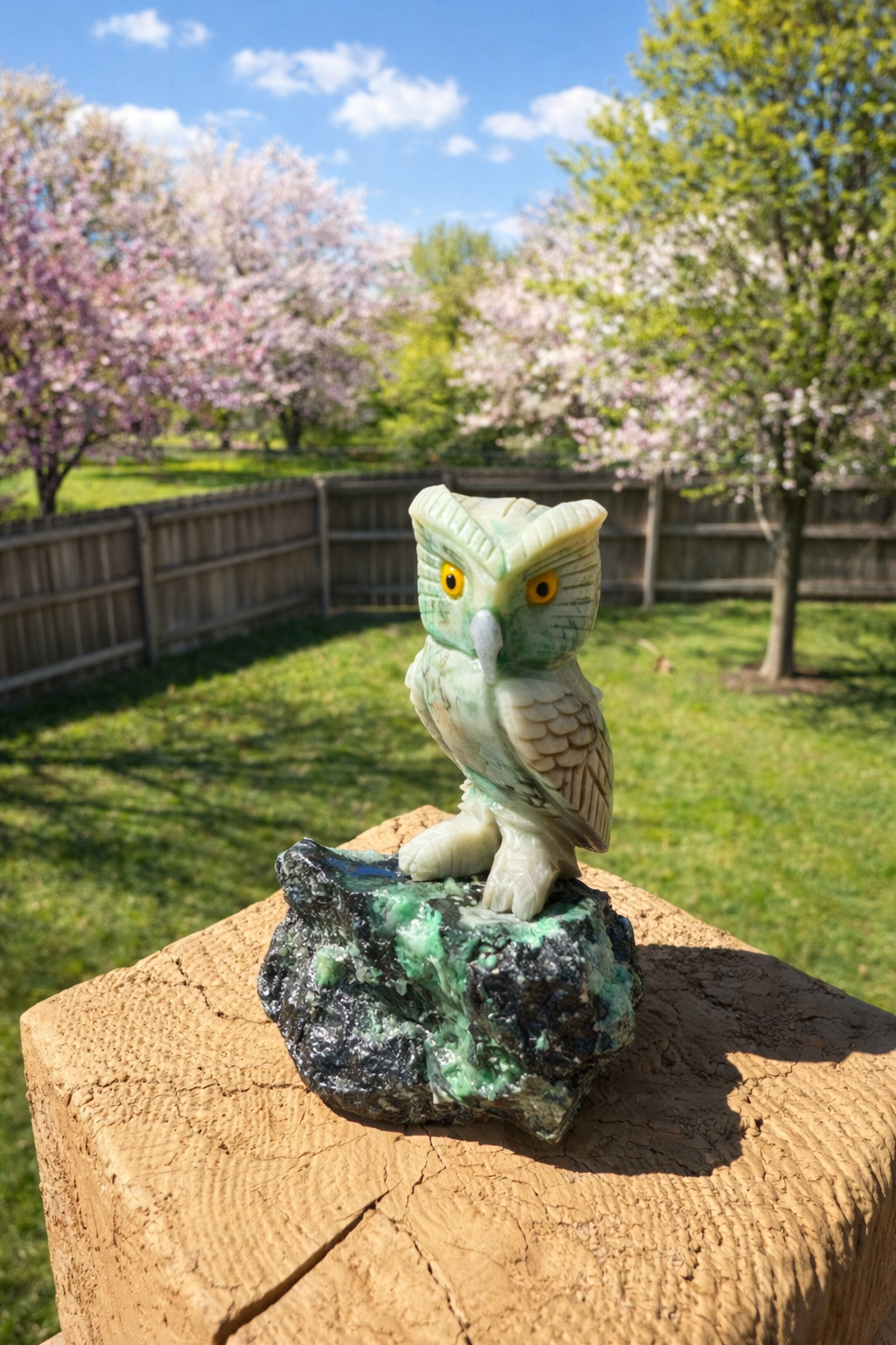 Emerald carved owl figurine from Practical Magic Store, detailed green stone sculpture with intricate carving and natural textures.