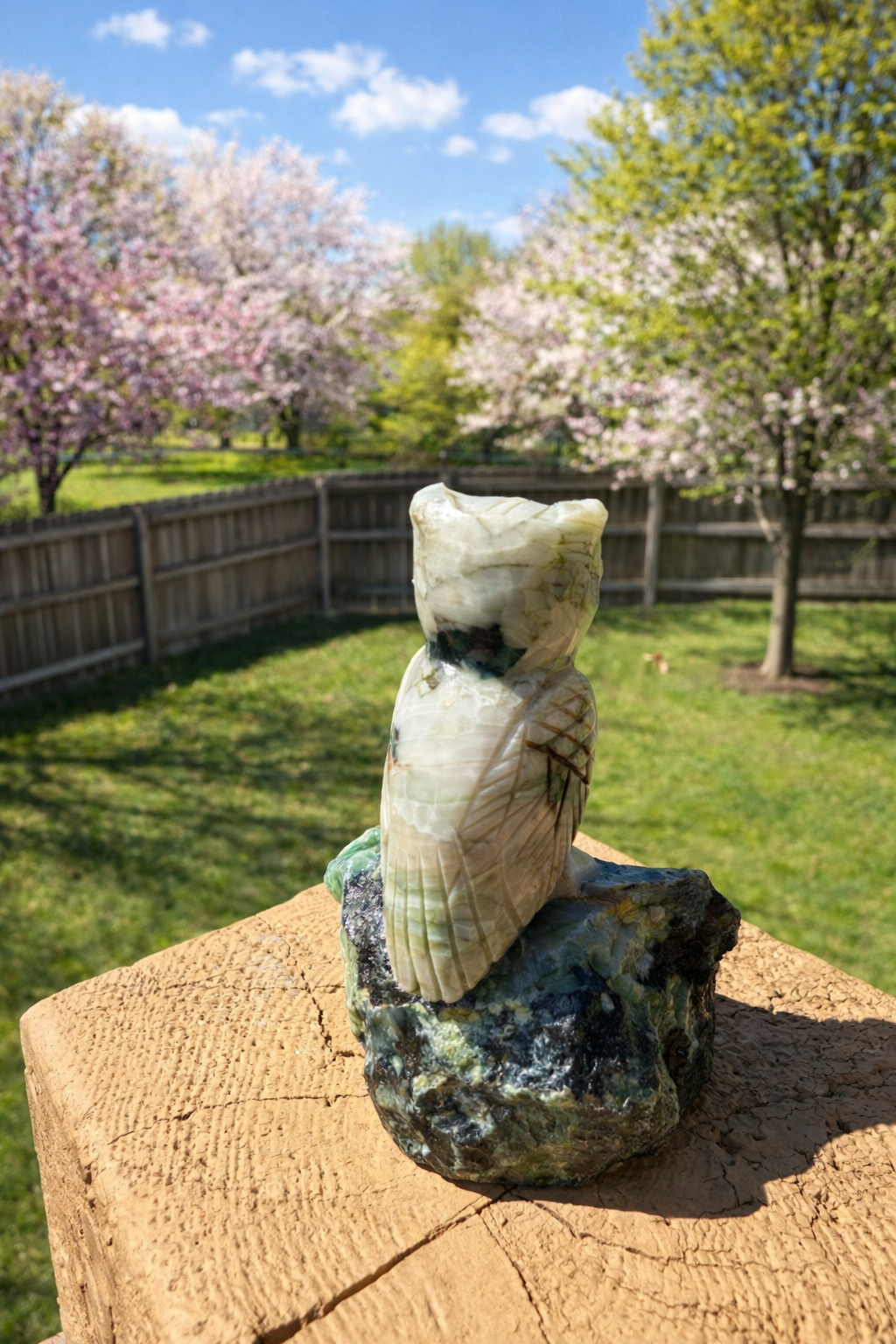 Emerald carved owl figurine from Practical Magic Store, detailed gemstone sculpture with intricate carvings and vibrant green color.