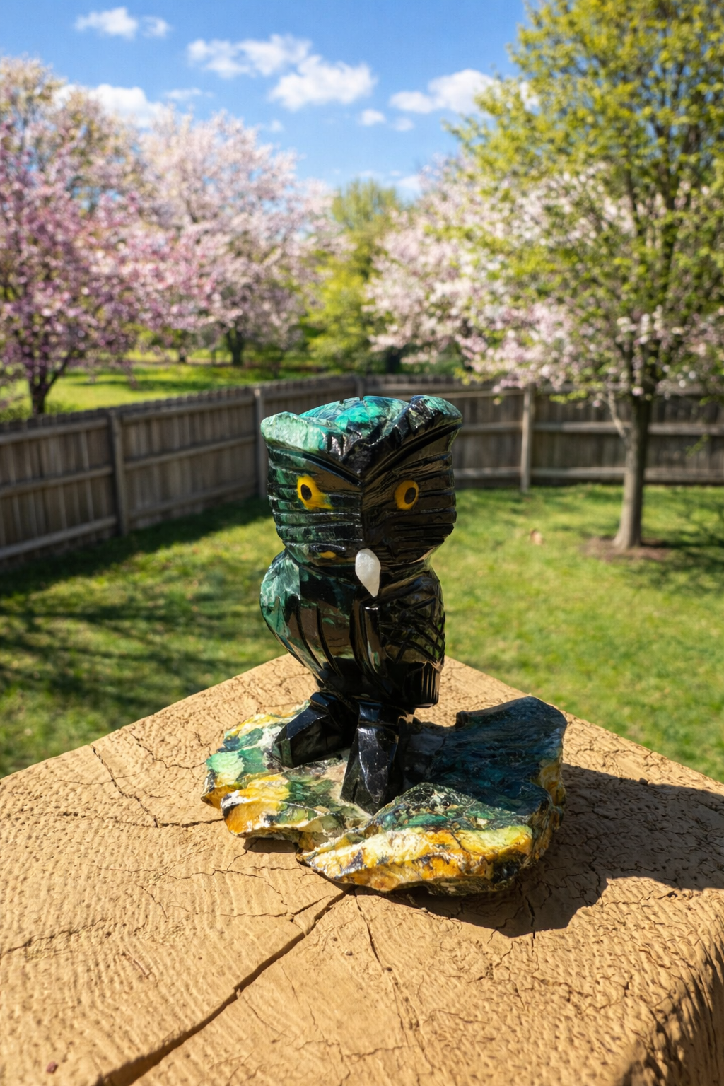 Emerald carved owl figurine from Practical Magic Store with intricate detailing and vibrant green color.