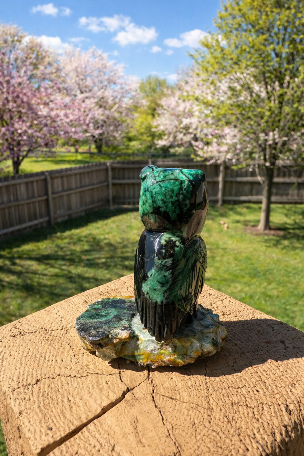 Emerald carved owl figurine from Practical Magic Store with intricate detailing and vibrant green color.