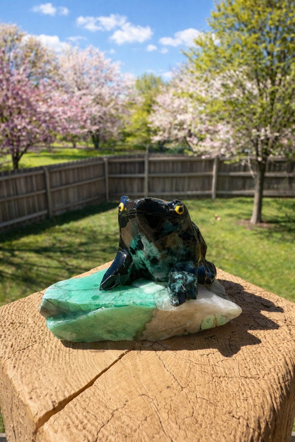 Emerald frog carving made of vibrant green stone, detailed with intricate carvings, from Practical Magic Store.