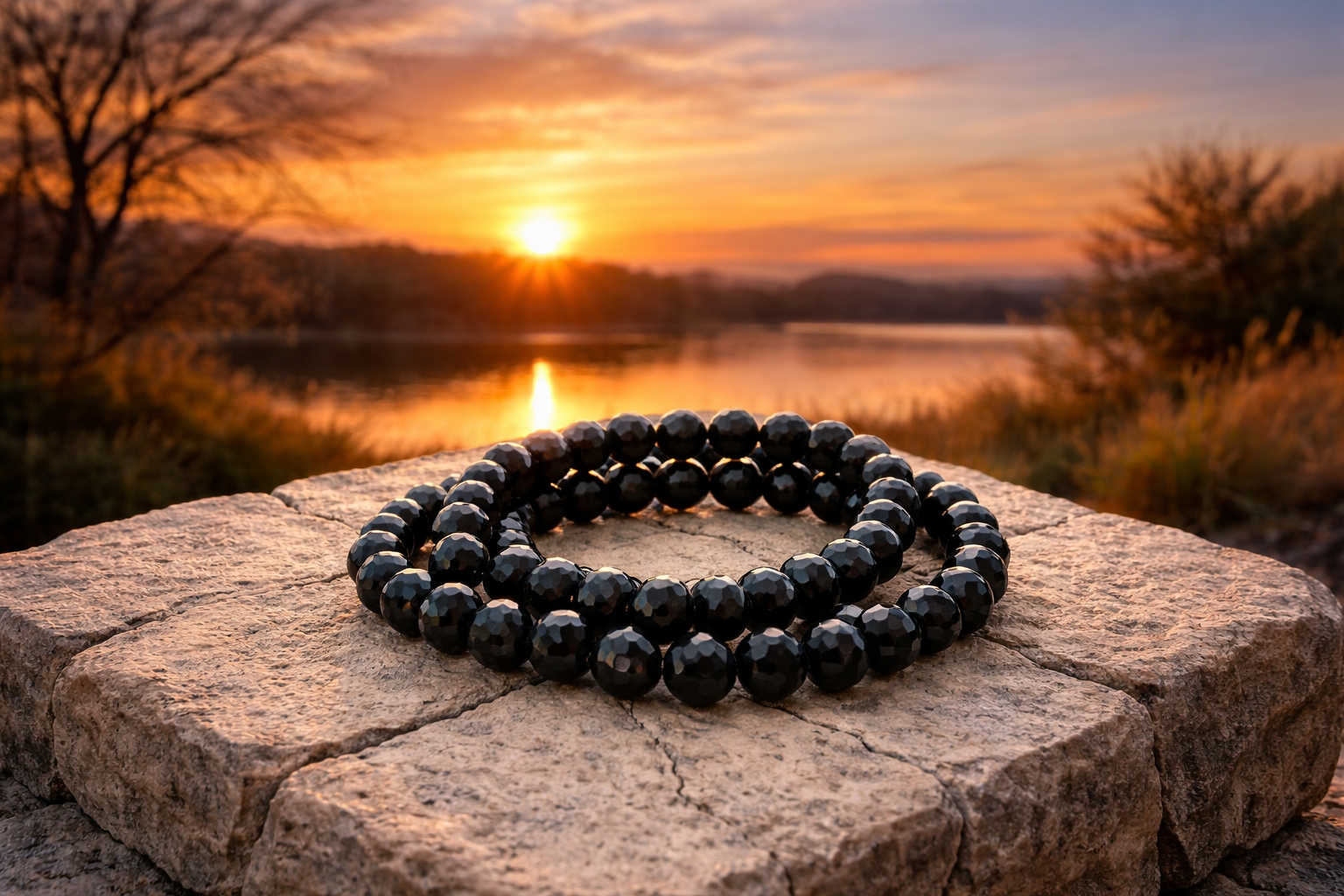 Faceted black obsidian bracelet with 8mm beads, featuring a polished, natural gemstone design.