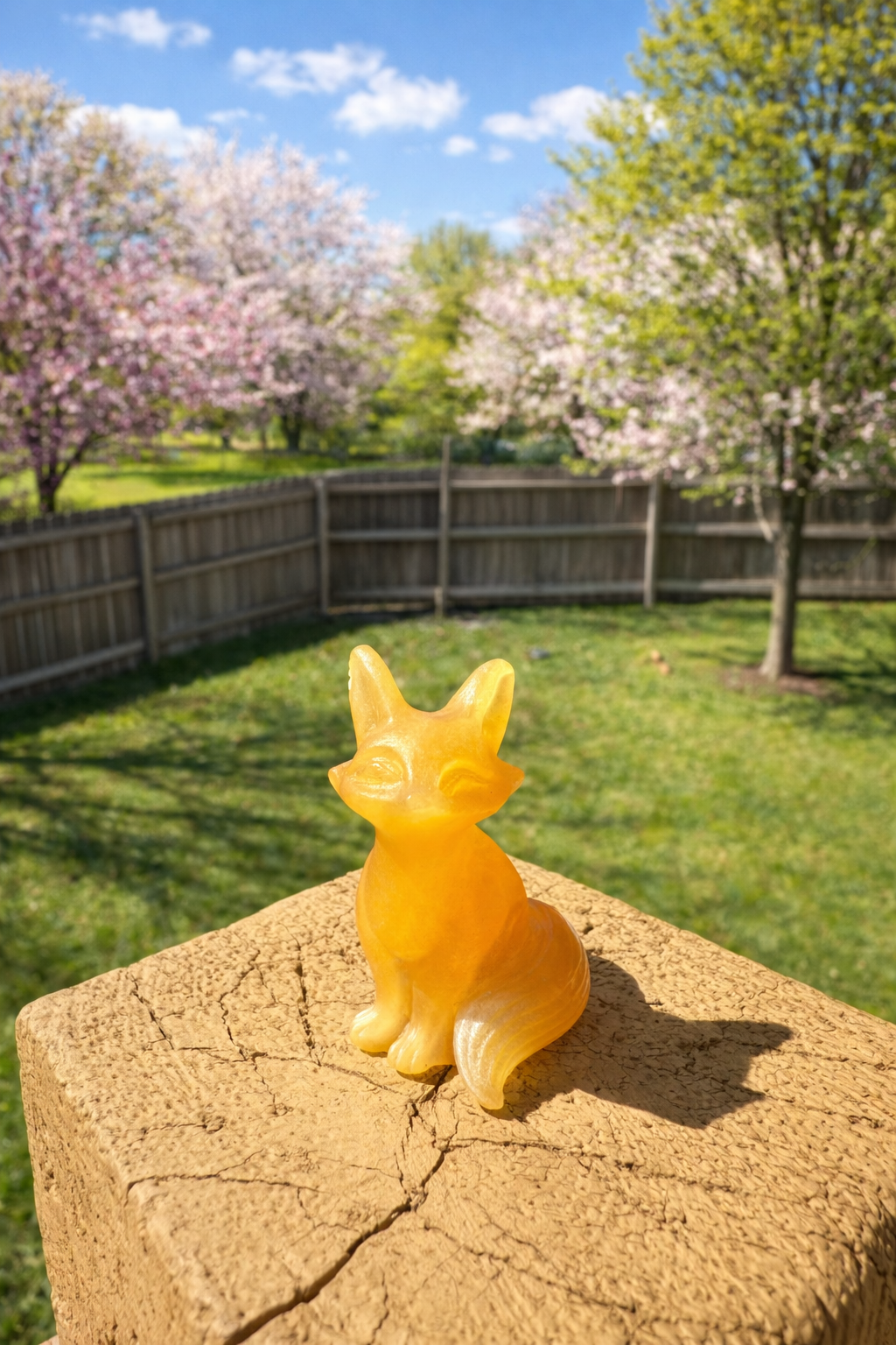 Carved orange calcite fox figurine from Forest Friends collection by Practical Magic Store, detailed natural stone sculpture.