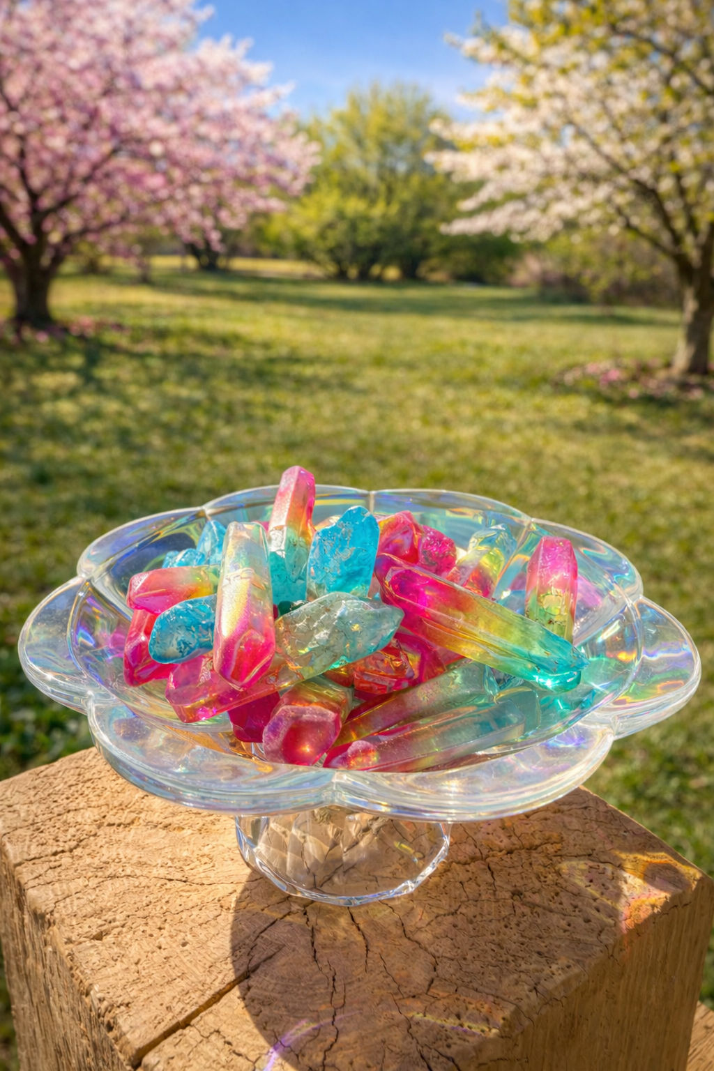 Funfetti Aura Quartz points featuring vibrant rainbow hues and shimmering aura finish, natural crystal formations from Practical Magic Store.
