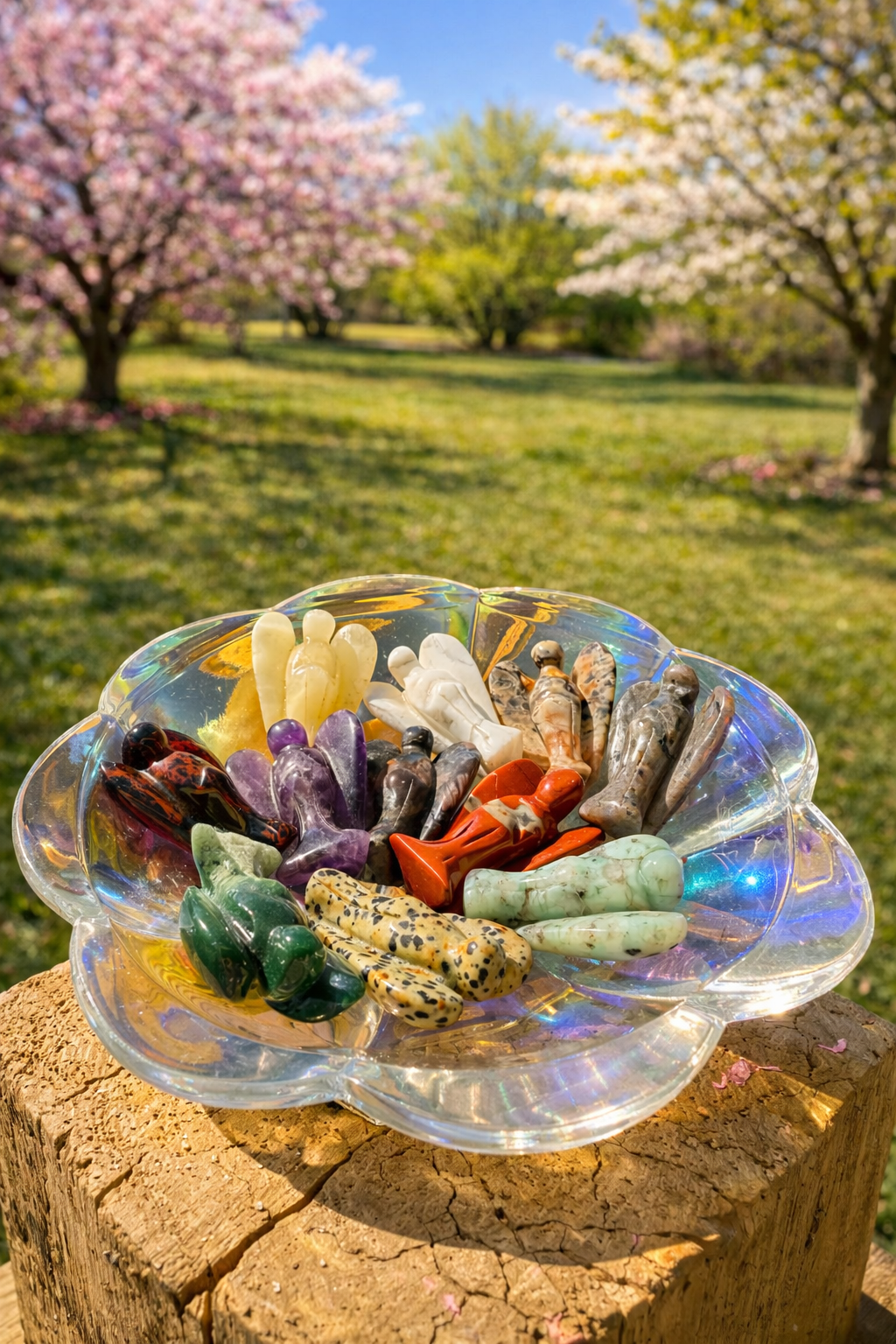 Handcrafted gemstone angel carving by Practical Magic Store, featuring vibrant colors and detailed facial features.