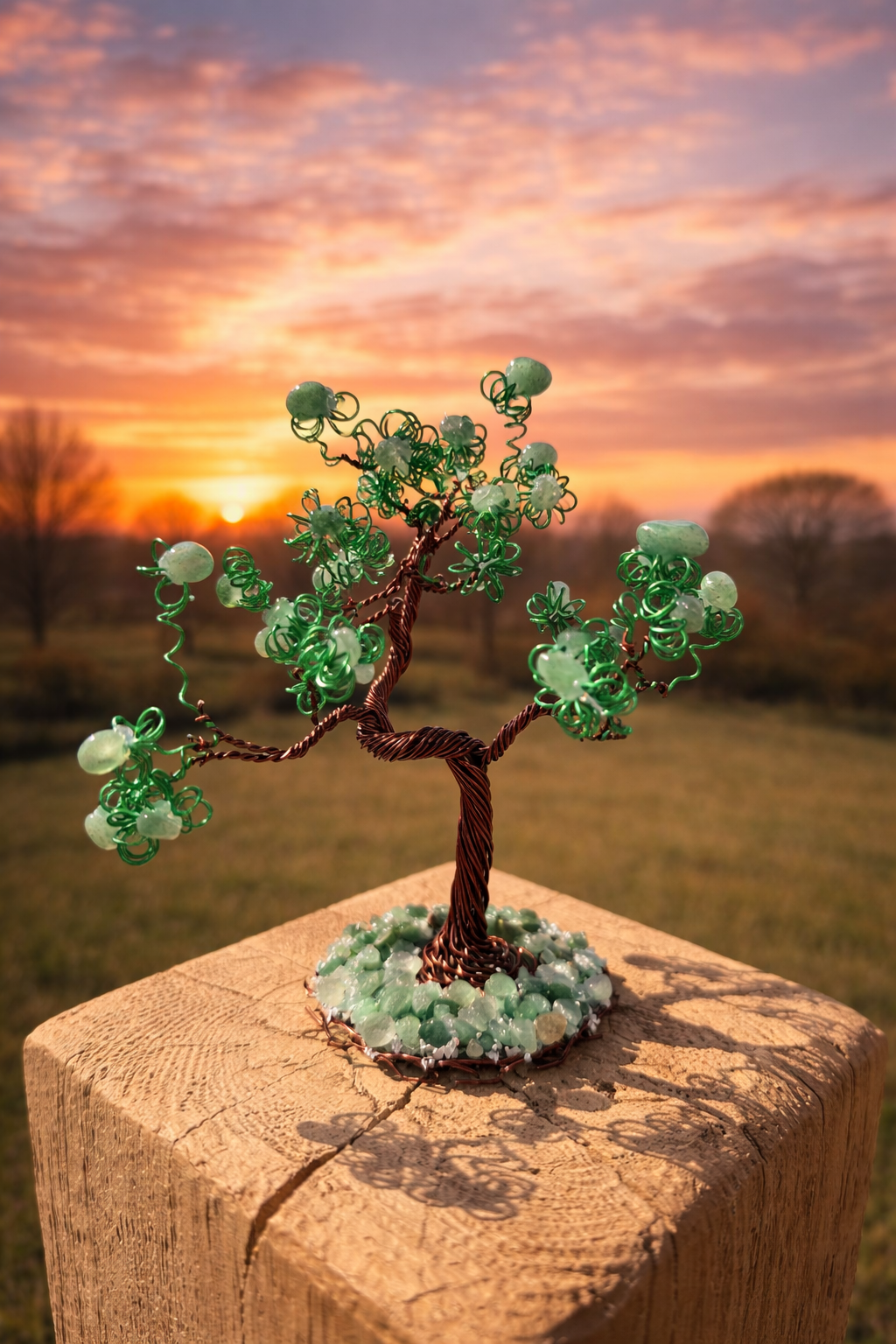 Green Aventurine gemstone prosperity money tree with multiple branches and leaves, designed for good luck and abundance.