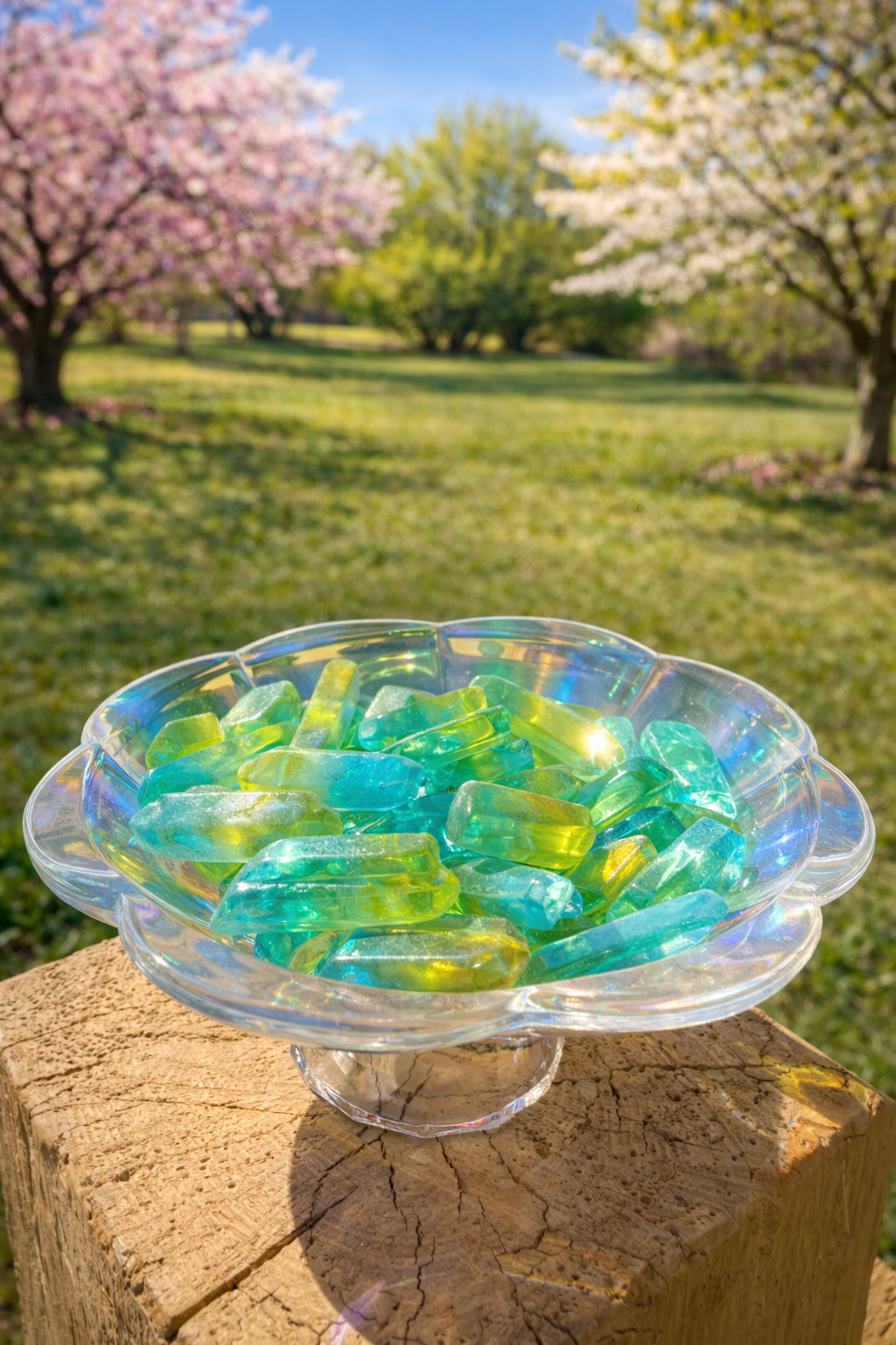 Green and blue aura quartz points with vibrant, shimmering surfaces, displayed as natural crystal gemstones for healing and meditation.