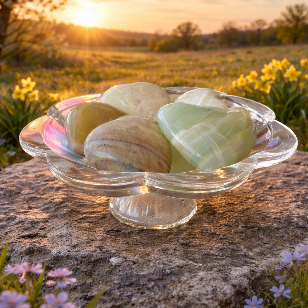 Green pistachio calcite hearts from Practical Magic Store, smooth polished stones with a soft green hue and natural mineral patterns.