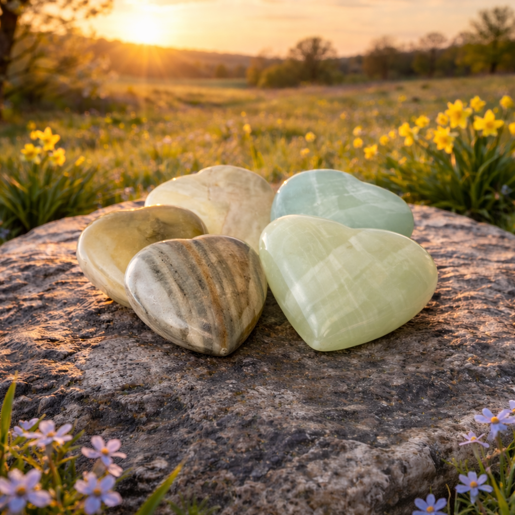 Green pistachio calcite hearts gemstone healing crystals from Practical Magic Store on a white background.
