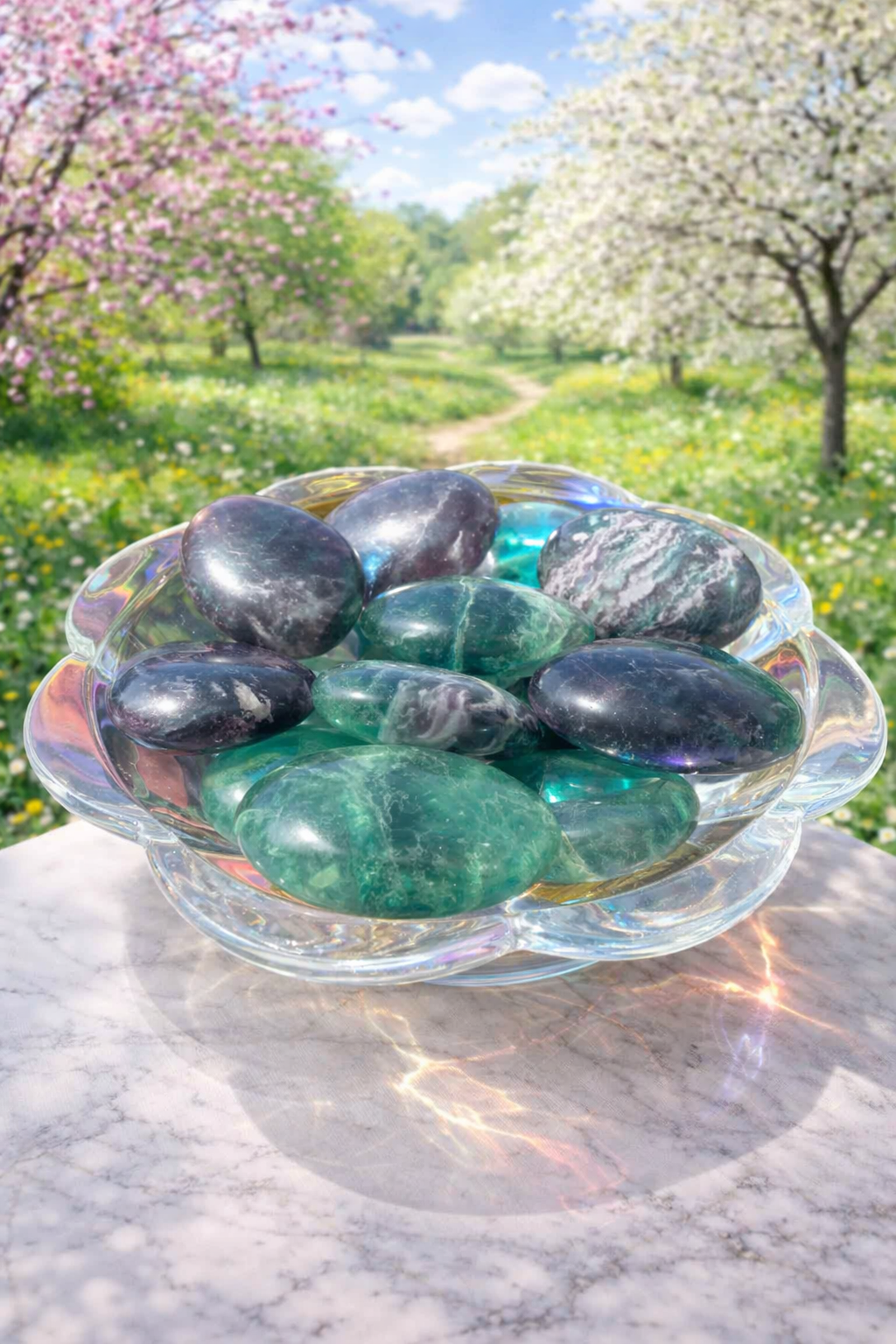 Green Feather Fluorite crystal energy palm stone with vibrant green and purple hues, smooth polished surface, ideal for meditation.