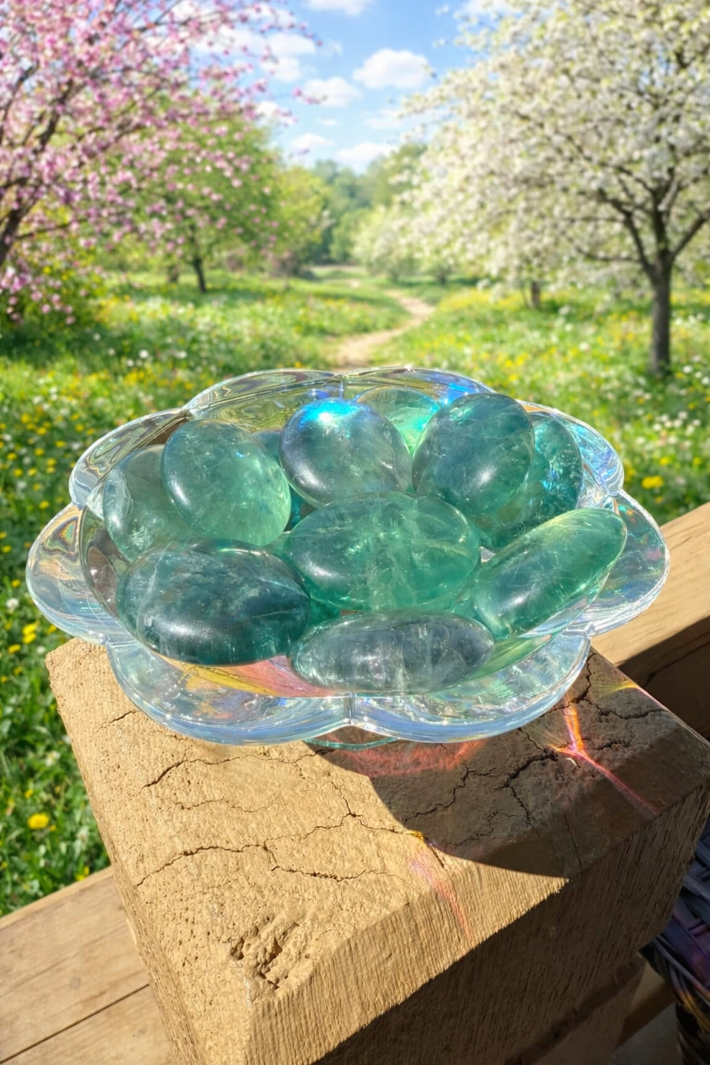 Green fluorite crystal energy palm stone from Practical Magic Store, smooth polished gemstone with vibrant green hues.