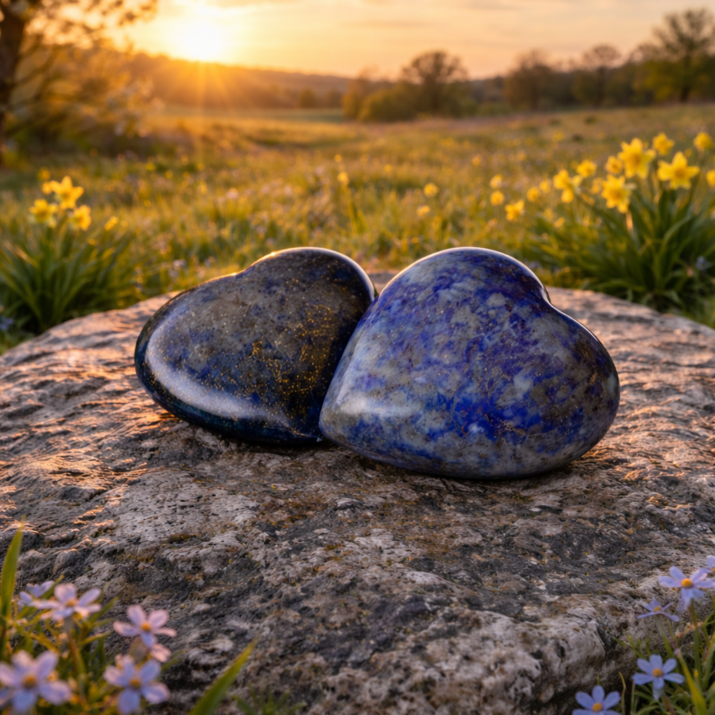 Lapis Lazuli hearts from Practical Magic Store, polished blue gemstone jewelry with natural gold and white veining.