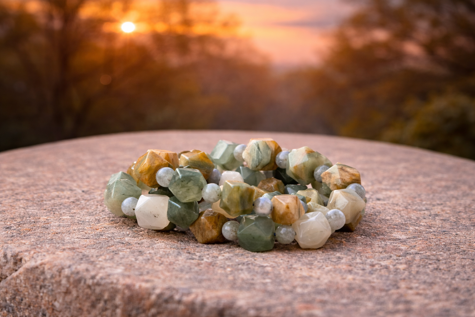 Natural green rutilated quartz crystal energy bracelet from Practical Magic Store showing polished stone beads on elastic cord.