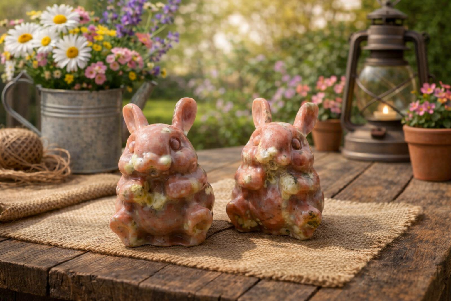 Pink Thulite rabbit figurine made from natural stone, designed as an Easter bunny, by Practical Magic Store.