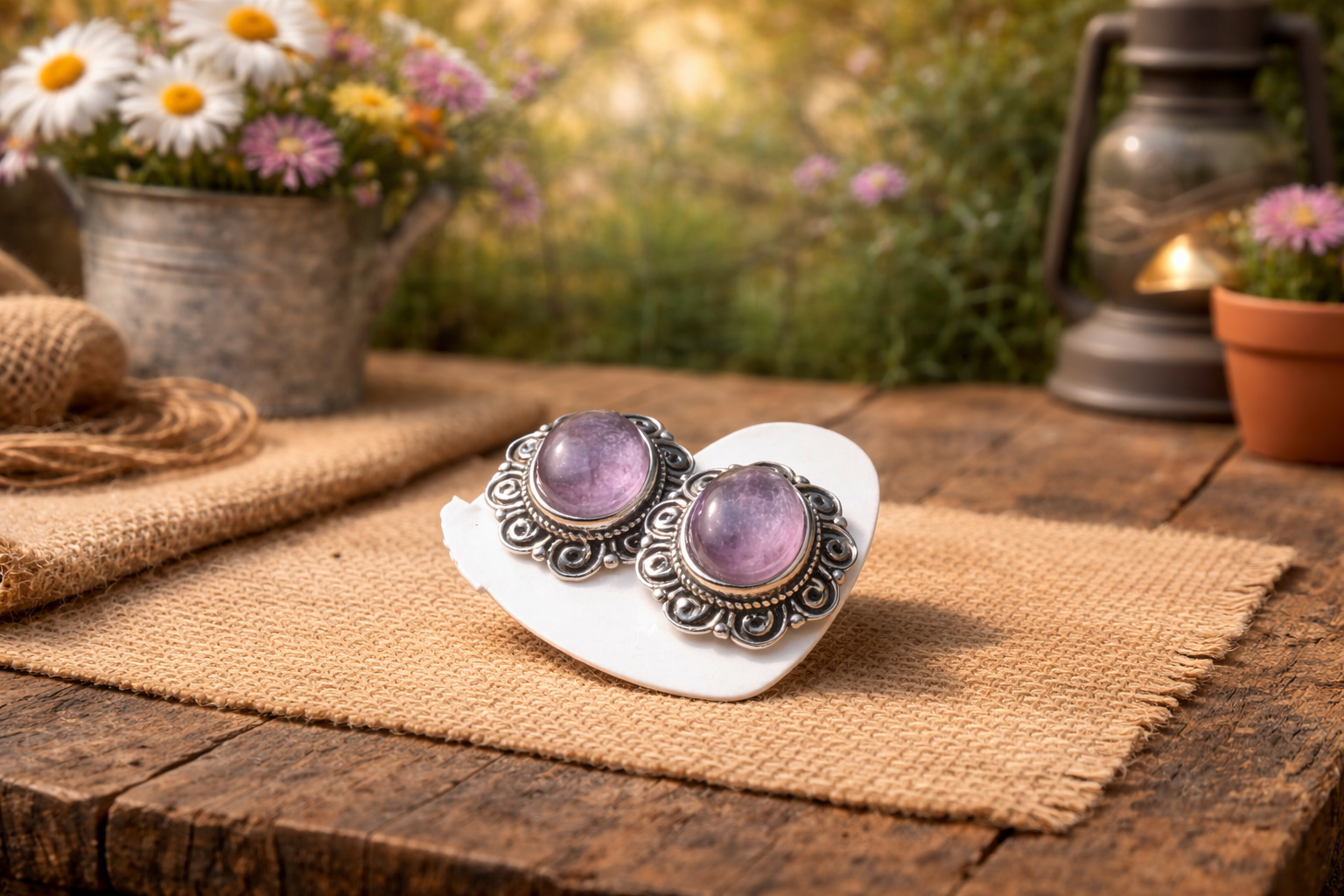 Purple mica natural stone earrings with sterling silver studs and crystal accents, designed for energy and style.