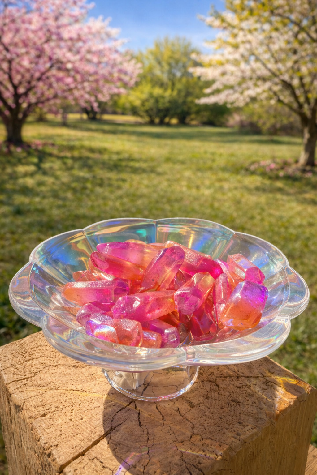 Orange and pink aura quartz points with vibrant, iridescent crystal tips displayed on a neutral background.