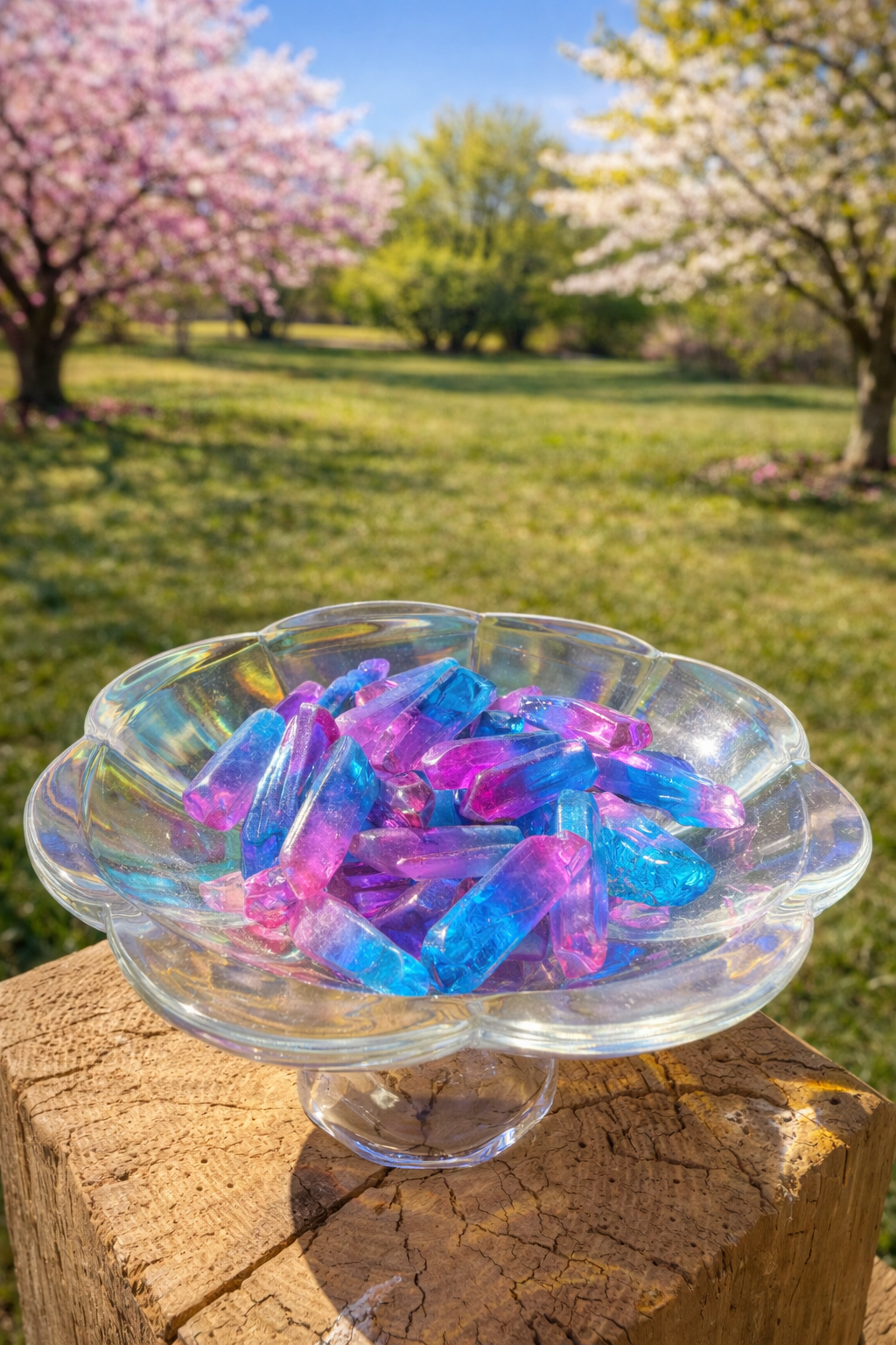 Pink and blue aura quartz points with vibrant colors and crystalline structure, displayed on a neutral background.